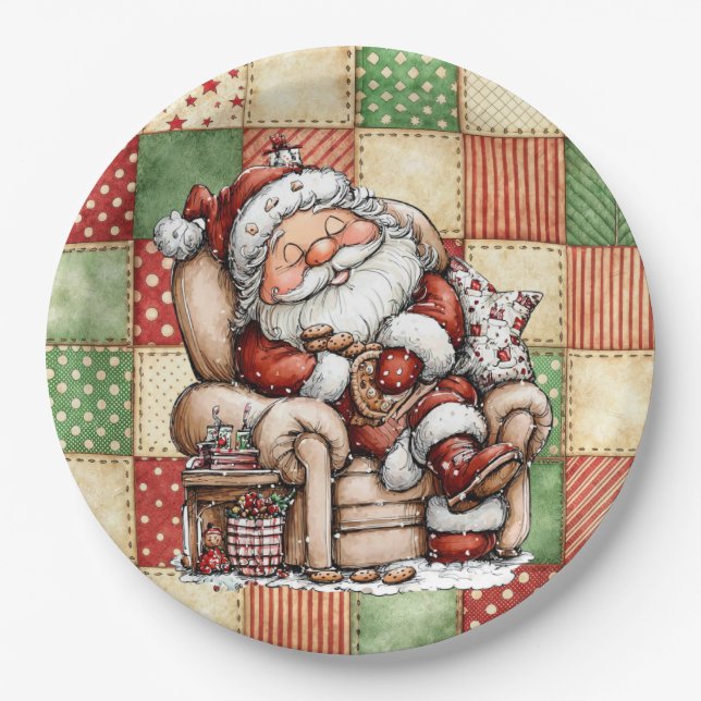 Santa Snoozing On Christmas Eve Paper Plates (Front)