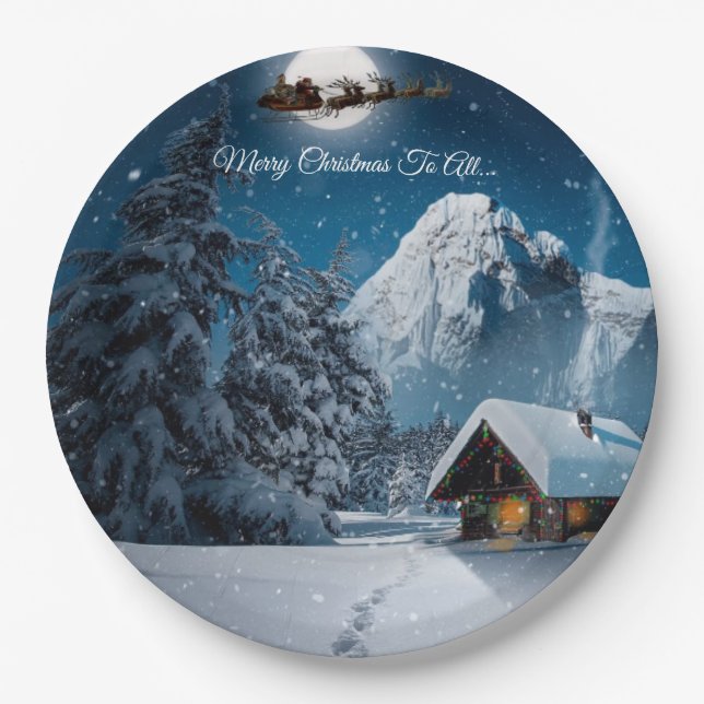 Santa Snow Scene Merry Christmas To All Paper Paper Plates (Front)