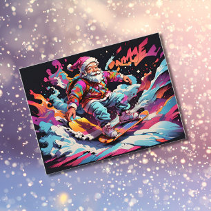 Santa snowboarding Psychedelic colors Holiday Postcard
