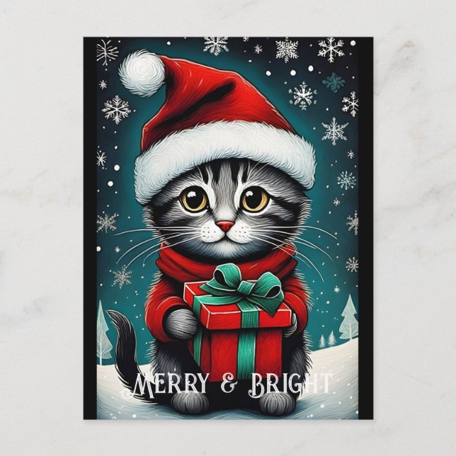 Santa Snowflakes Cute Kitty Gift Snowy Christmas  Postcard (Front)