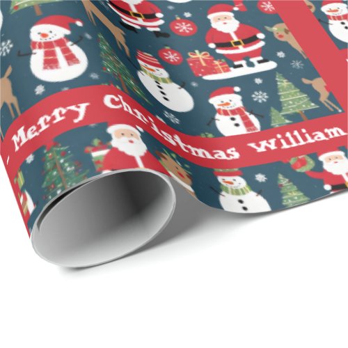 Santa Snowman Add Name  Text Cute Christmas Wrapping Paper