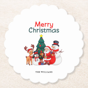 Santa Snowman And Reindeer Classic Merry Christmas Paper Coaster