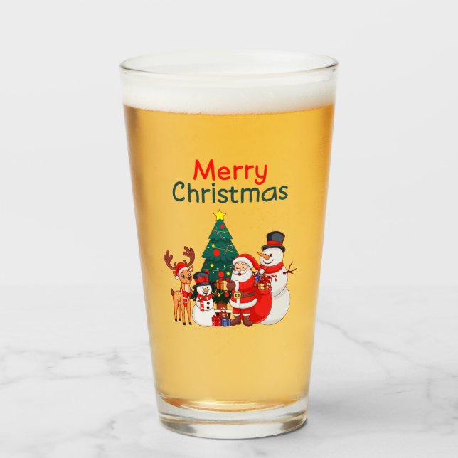 Santa Snowman And Reindeer Festive Merry Christmas Glass (Front Filled)