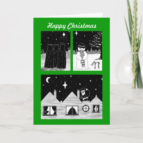 santa snowman and three kings black and white art holiday card