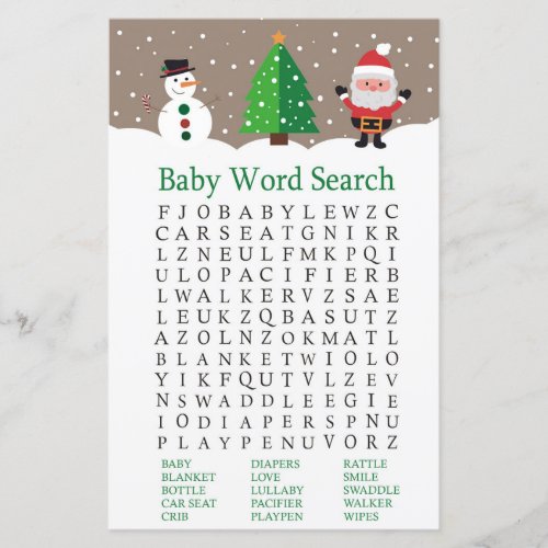 Santasnowman Baby Shower Word Search Game