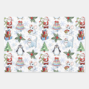 Santa Snowman Cat Penguin Wrapping Paper