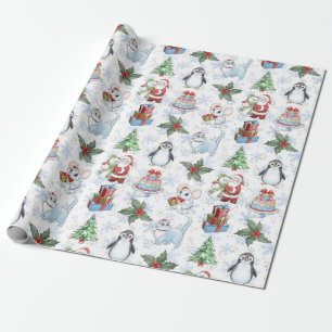 Santa Snowman Cat Penguin Wrapping Paper
