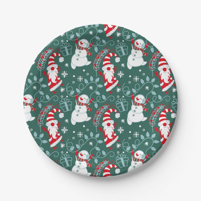 Santa Snowman Christmas Paper Plates (Front)