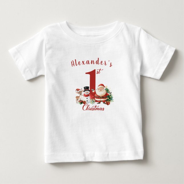 Santa, snowman, deer Baby's First Christmas Baby T-Shirt (Front)