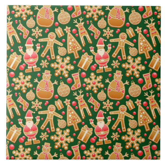 Santa & Snowman Gingerbread Christmas Cookies Ceramic Tile (Front)