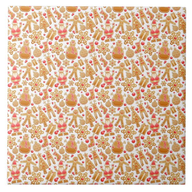 Santa & Snowman Gingerbread Christmas Cookies Ceramic Tile (Front)