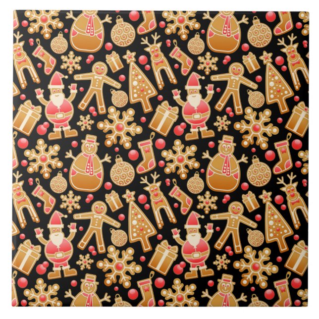 Santa & Snowman Gingerbread Christmas Cookies Ceramic Tile (Front)