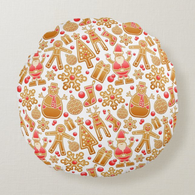 Santa & Snowman Gingerbread Christmas Cookies Round Pillow (Front)