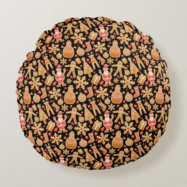 Santa & Snowman Gingerbread Christmas Cookies Round Pillow (Front)