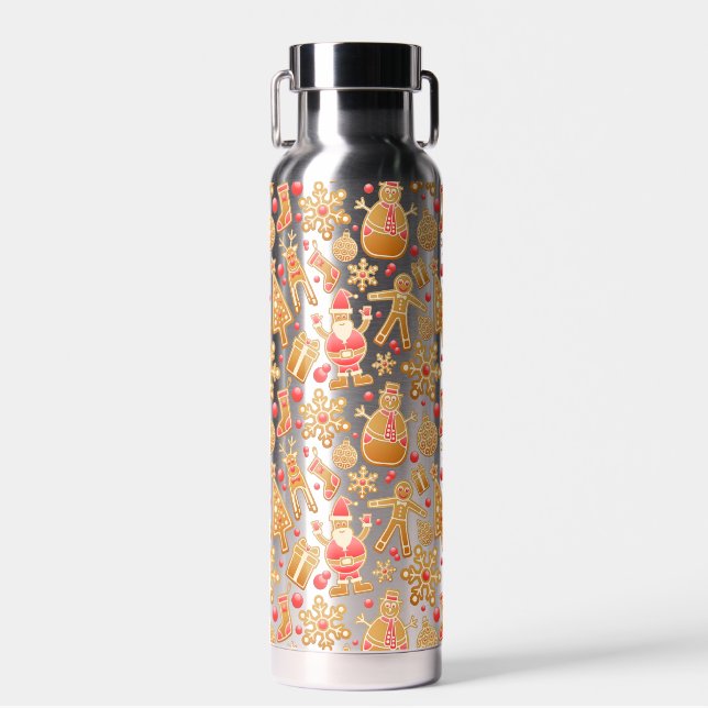 Santa & Snowman Gingerbread Christmas Cookies Water Bottle (Front)