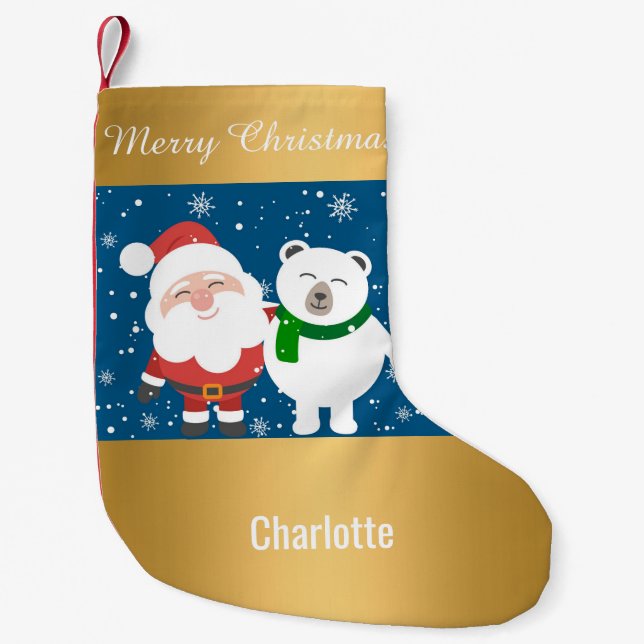 Santa Snowman Gold Christmas Stocking customizable (Front)
