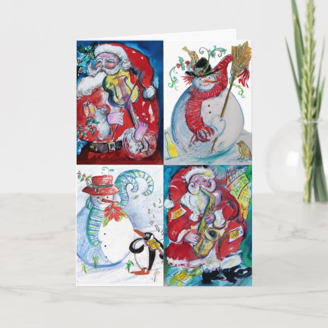 SANTA,SNOWMAN MUSICAL HOLIDAY CHRISTMAS GREETINGS CARD (Front)
