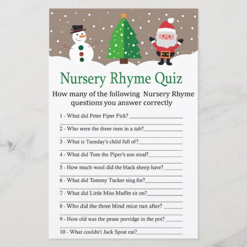 Santasnowman Nursery Rhyme Quiz baby shower game