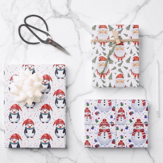 Santa, Snowman, Penguin Christmas Themed  Wrapping Paper Sheets (Front)