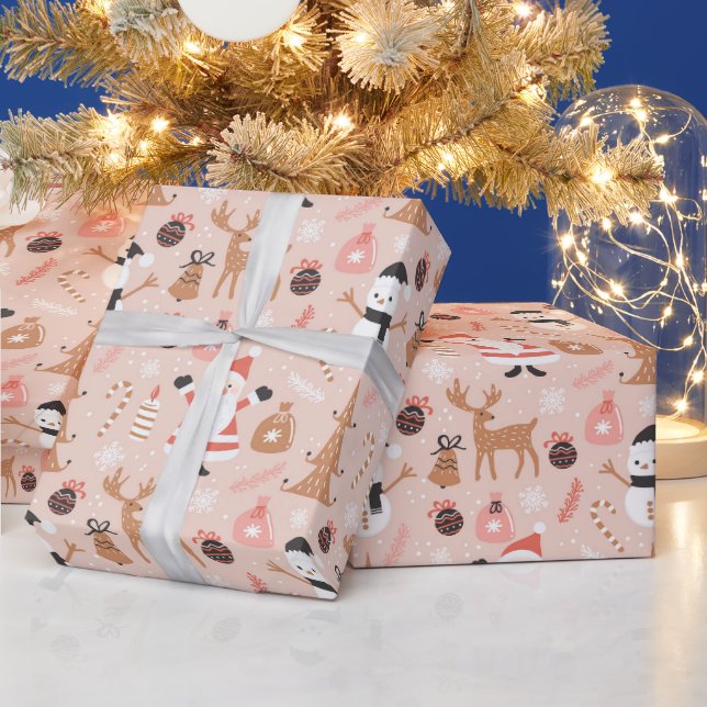 Santa Snowman Reindeer Candy Cane Christmas Tree Wrapping Paper (Holidays)