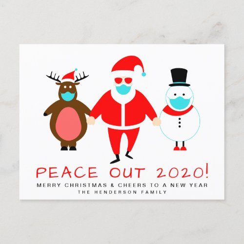 Santa Snowman Reindeer Face Mask Peace Out 2020 Holiday Postcard