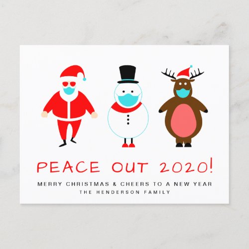 Santa Snowman Reindeer Mask Funny Peace Out 2020 Holiday Postcard