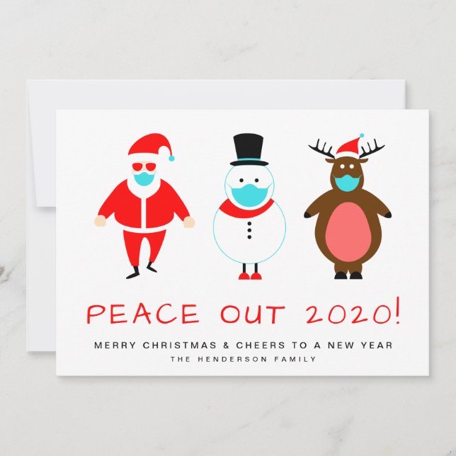 Santa Snowman Reindeer Mask Peace Out 2020 Funny Holiday Card (Front)
