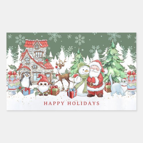 Santa Snowman Rudolph Penguin Christmas Rectangular Sticker