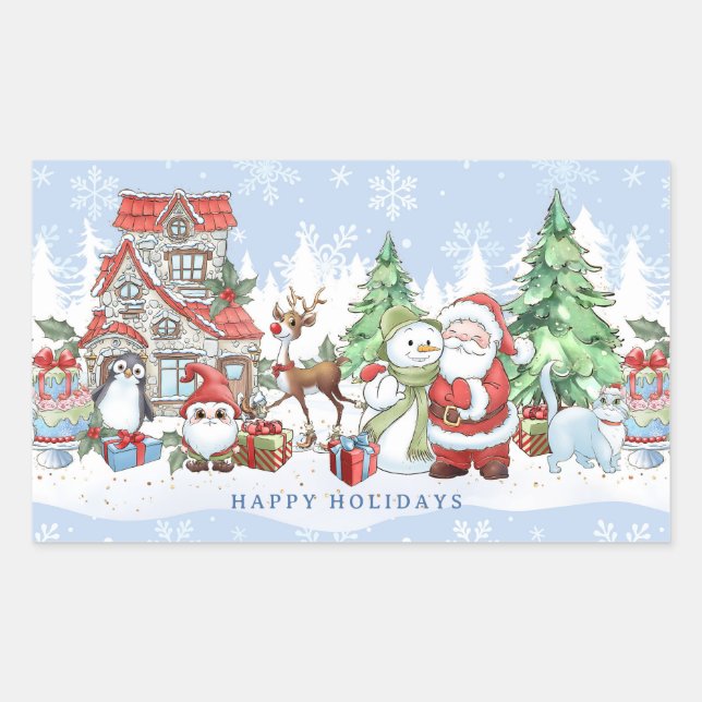 Santa Snowman Rudolph Penguin Christmas Rectangular Sticker (Front)