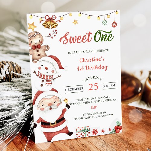 Santa Snowman Sweet One Christmas Birthday Party Invitation