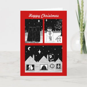 santa snowman three kings black and white xmas holiday card