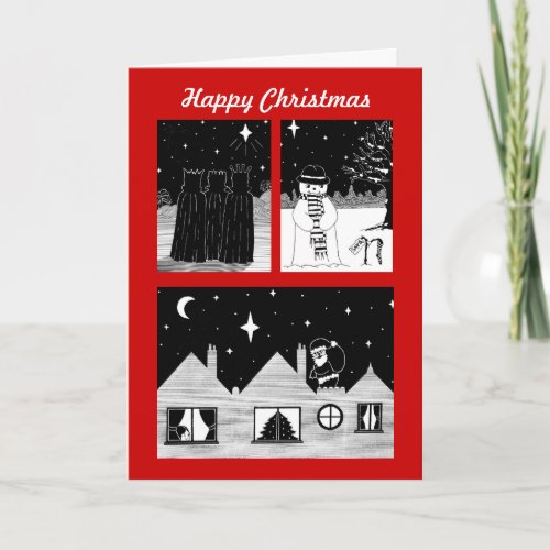 santa snowman three kings black and white xmas holiday card