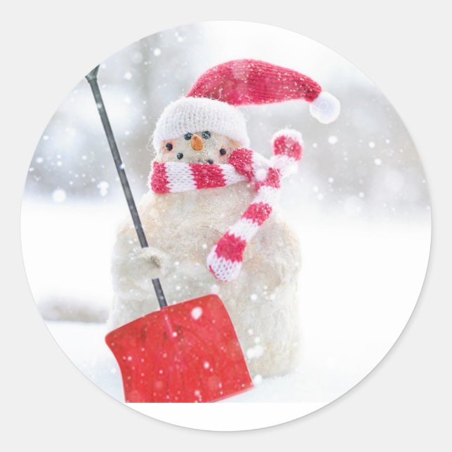 Santa Snowman with Red Shovel  Classic Round Sticker (Front)
