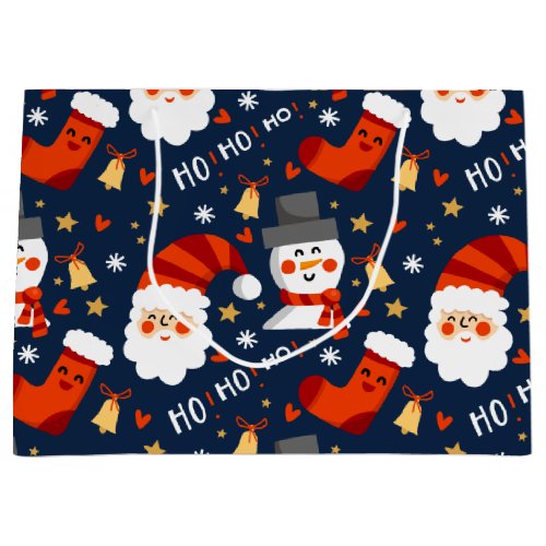 Santa Snowmen and Christmas Stockings Large Gift Bag