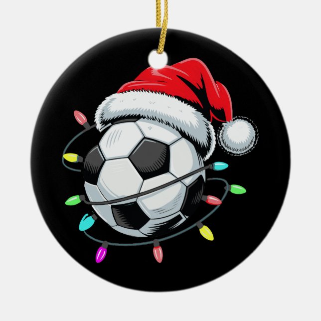 Santa Soccer Ball Christmas Lights Kids Boys Women Ceramic Ornament (Front)