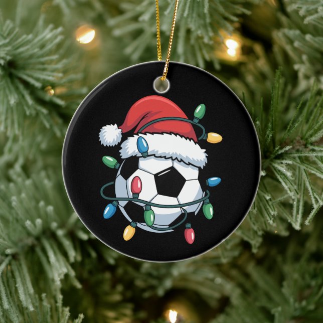Santa Soccer Ball Sports Christmas Soccer Player Ceramic Ornament (Tree)
