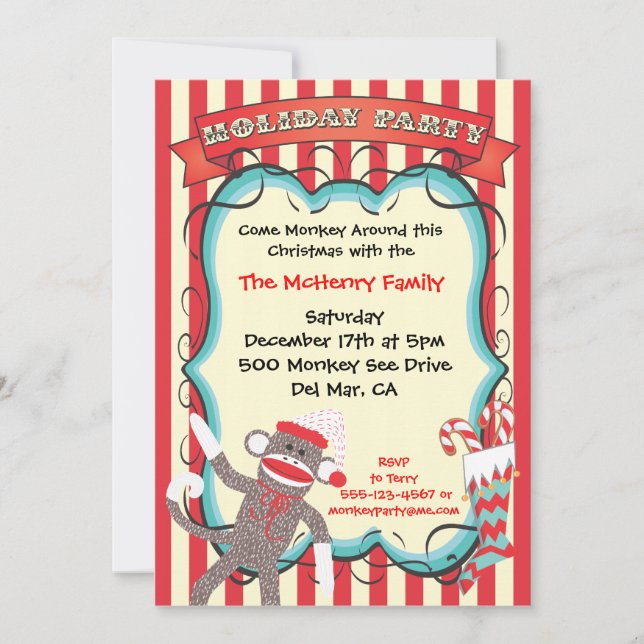 Santa Sock Monkey Christmas Party Invitation (Front)