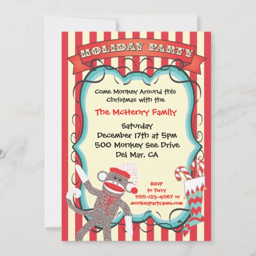 Santa Sock Monkey Christmas Party Invitation