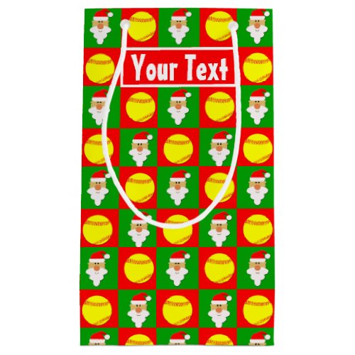 Santa Softball Player Custom Name  Text Christmas Small Gift Bag