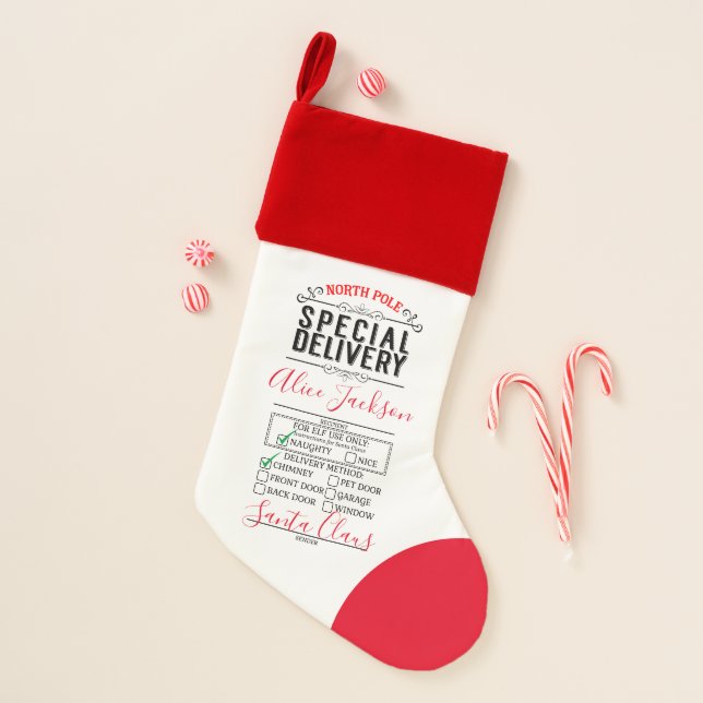 Santa Special delivery nice list elf note letter Christmas Stocking (Front)