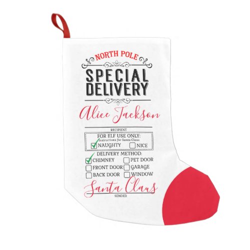 Santa Special delivery nice list elf note letter Small Christmas Stocking