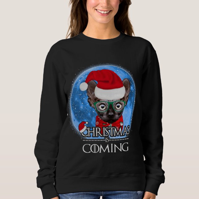 Santa Sphynx Cat Merry Christmas Is Coming Funny X Sweatshirt (Front)