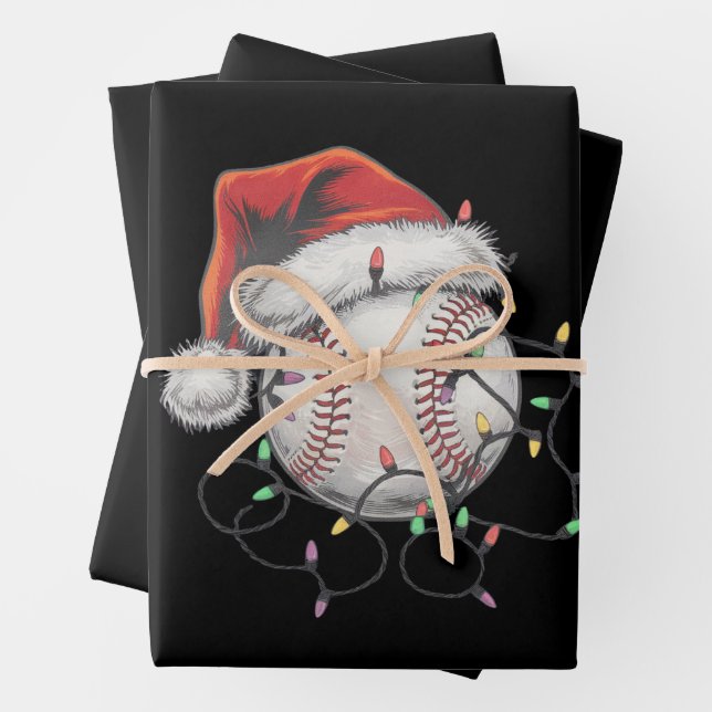 Santa Sports Christmas Baseball Player Wrapping Paper Sheets (In situ)