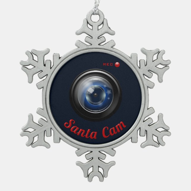 Santa Spy Camera Snowflake Pewter Christmas Ornament (Front)