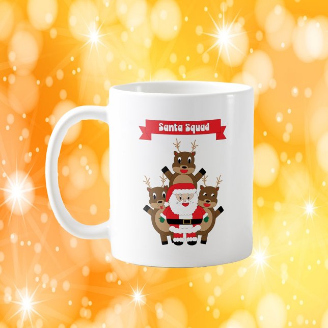 Santa Squad Reindeer Funny Coffee Mug (A mug with a funny graphic of Santa and his reindeer.  The red banner says Santa Squad.)