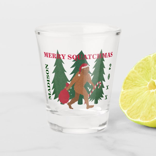 Santa Squatch Funny Christmas Geek Personalized Shot Glass (Front)