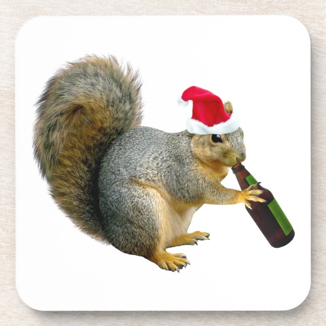 Santa Squirrel Drinking Beer Beverage Coaster (Front)