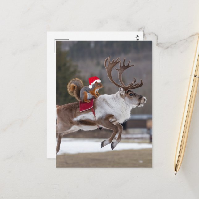 Santa Squirrel Riding a Reindeer Postcard (Front/Back In Situ)