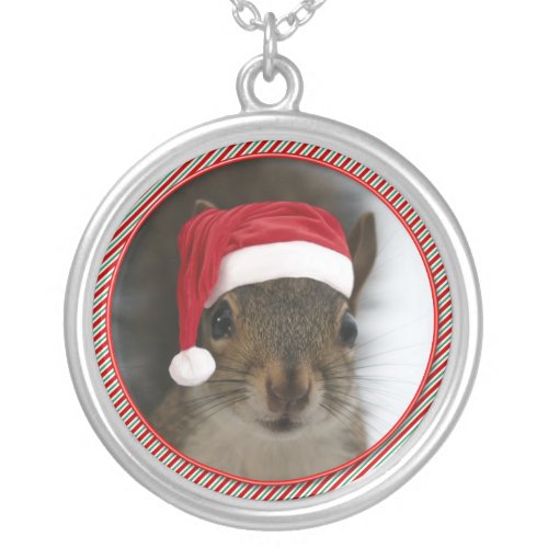 Santa Squirrel Wearing Santa Hat Silver Plated Necklace