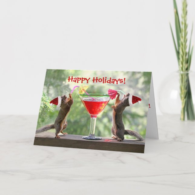 Santa Squirrels Drinking a Cocktail Holiday Card (Front)